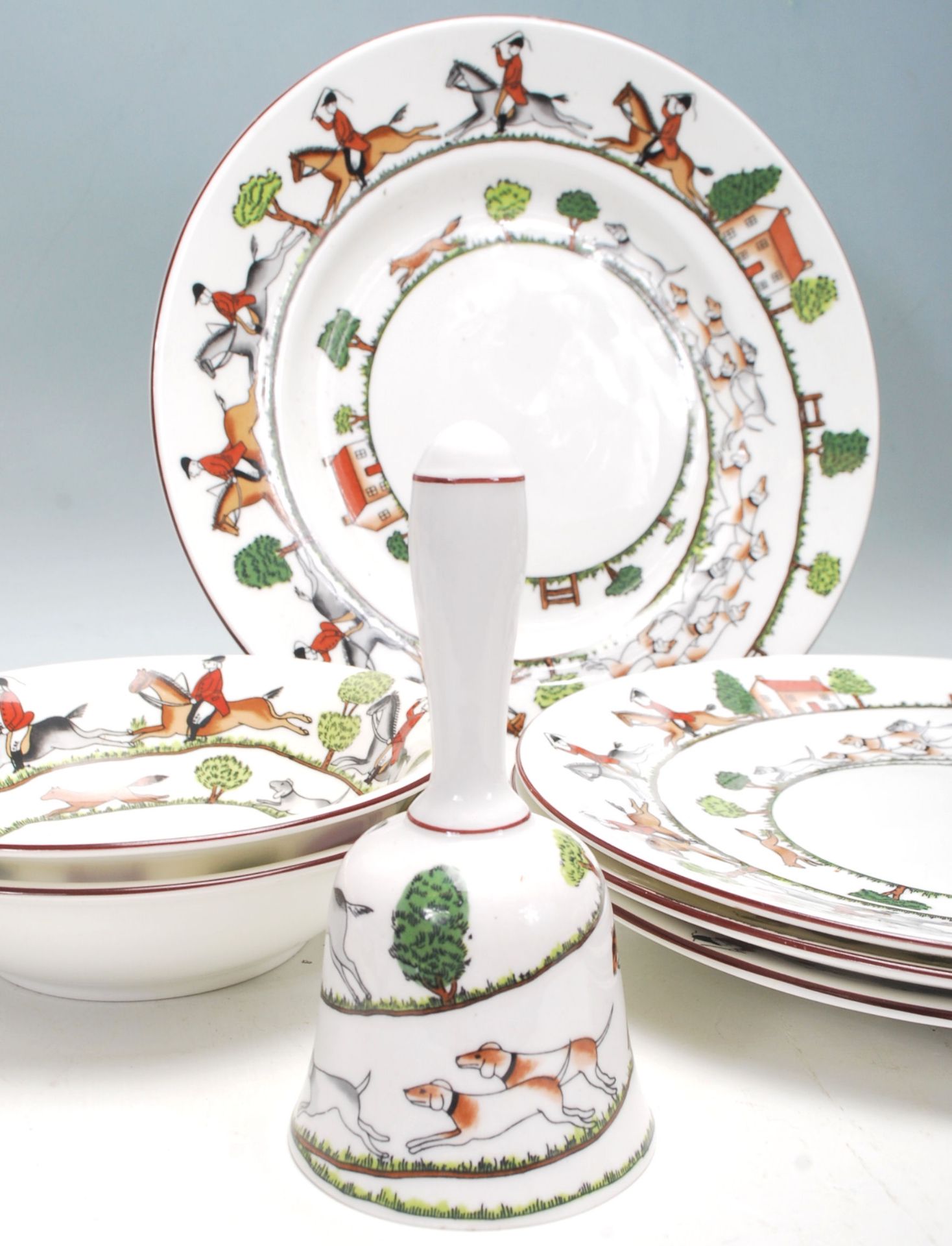A vintage 20th Century Crown Staffordshire “ Hunting Scene “ fine bone china part dining set - Image 3 of 9