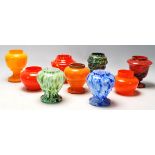 A collection of nine vintage 20th Century Czechoslovakian studio art glass vases in orange, blue