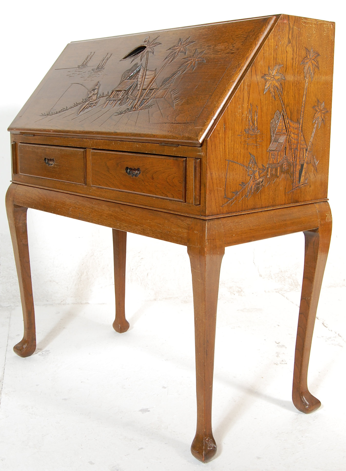 A 20th Century, circa 1950's vintage retro oriental hardwood writing desk bureau having a sloped - Image 11 of 11