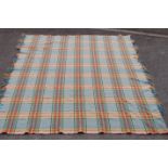 A large vintage 20th Century traditional Welsh woollen / wool blanket having a blue ground with red,