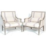 A pair of large 19th Century style French bergere fauteuils /  armchairs of low and wide form.