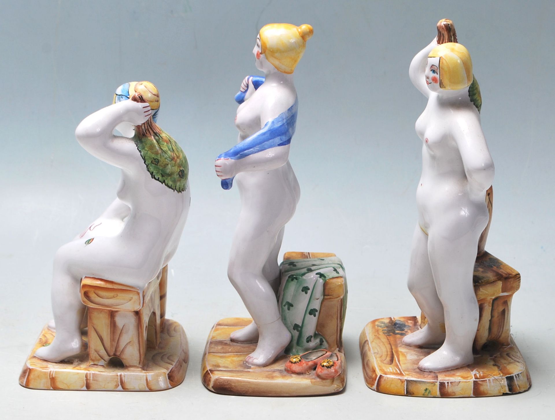 A group of three 20th Century ceramic Russian figurines depicting three stylised nudes ladies each - Bild 4 aus 6