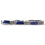 An Art Deco style silver ladies bracelet having marcasite and lapis lazuli decoration. Measure