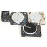 A collection of DJ audio equipment to include a Numark TT turntable, Numark TT1650 turntable, Numark