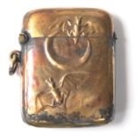 A vintage 20th Century brass vesta case decorated with a crescent moon and bats in flight. Striker