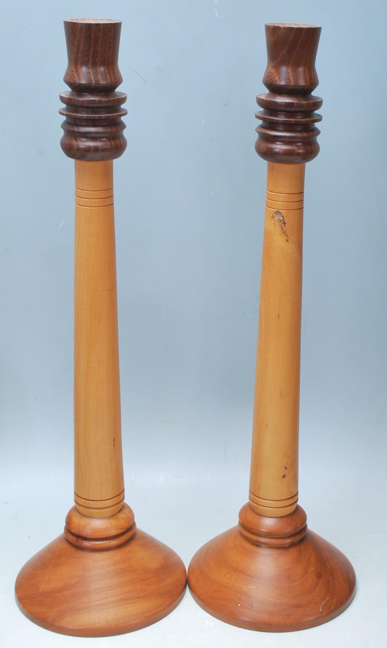 A collection of mid-century woodenware to include a pair of mahogany tall twisted candlesticks, - Image 5 of 9