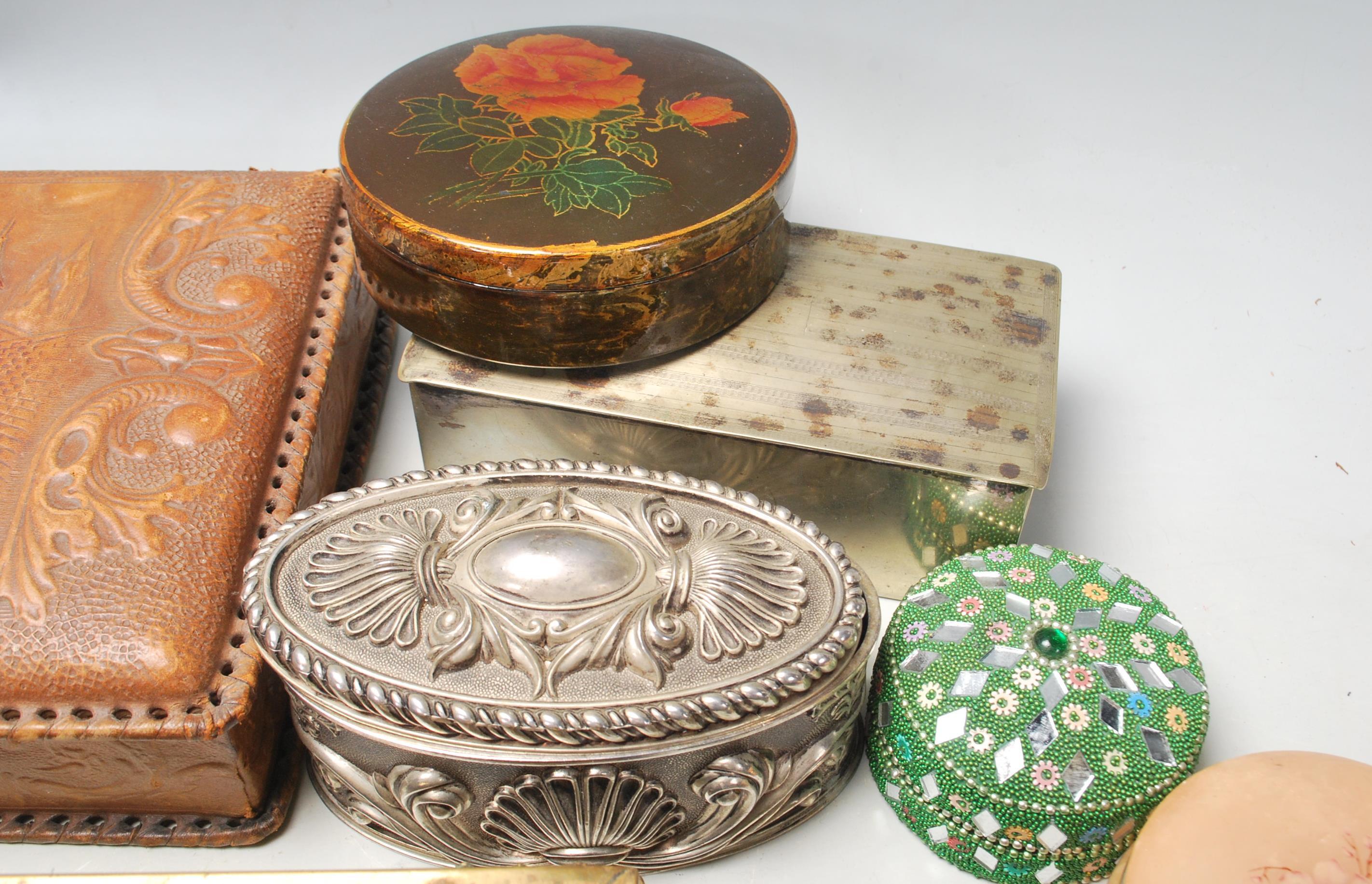 A large collection of vintage jewellery boxes to include wooden examples, white metal with relief - Image 6 of 8