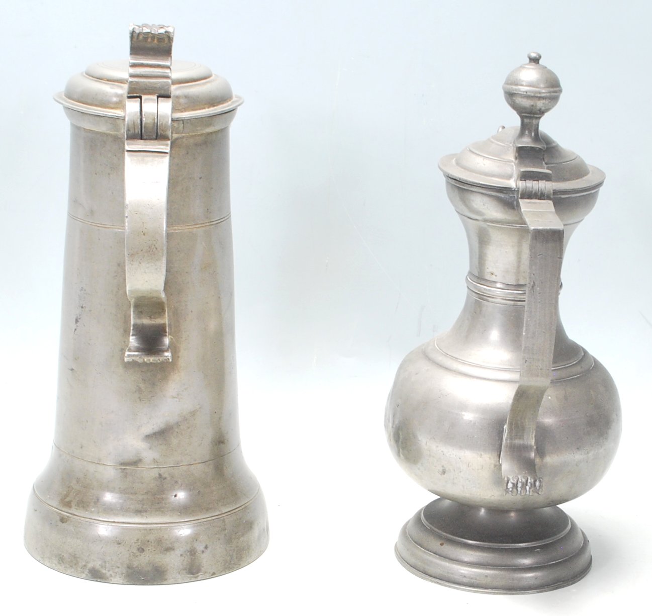 Two 18th Century pewter wine tankards having scroll handles and beak shaped spout with makers mark - Image 3 of 6