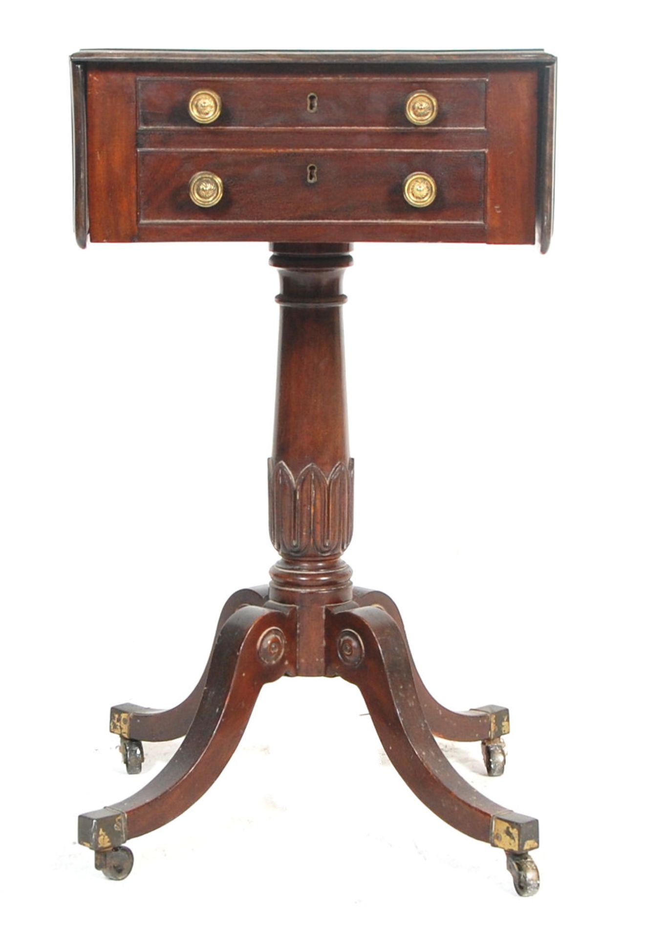 A 19th century George III mahogany drop leaf ladies tripod workbox table. The table raised on a - Bild 6 aus 12