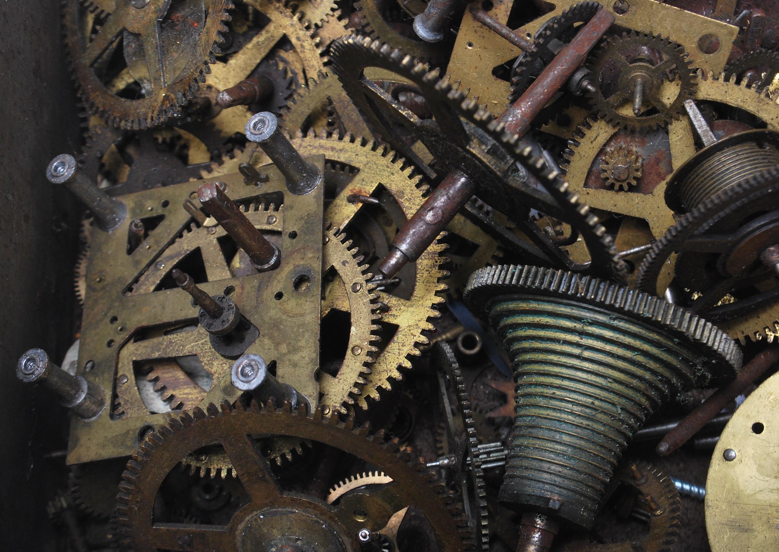 A collection of antique / vintage clock spare parts to include clock fusee movement parts, gear - Image 3 of 5