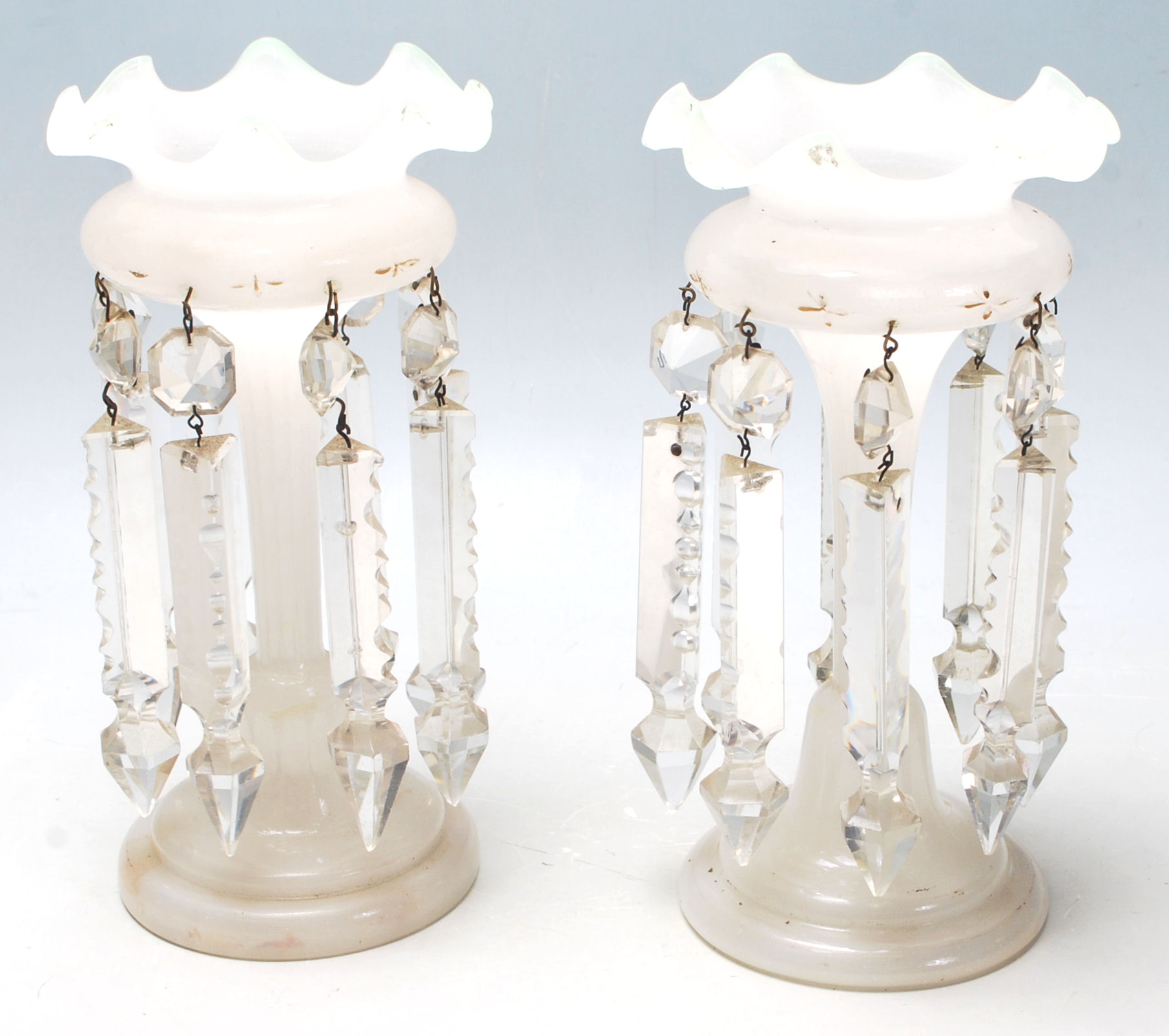 A pair of 1920's Art Deco centrepiece / mantel piece lustres having white glass bodies with fanned