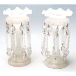 A pair of 1920's Art Deco centrepiece / mantel piece lustres having white glass bodies with fanned