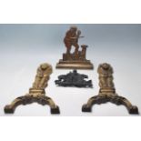 A quantity of 19th century and later items to include a pair of bronze lion part fire irons, a