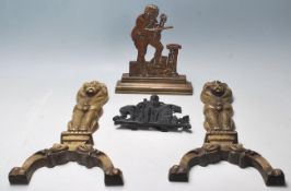 A quantity of 19th century and later items to include a pair of bronze lion part fire irons, a