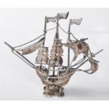 A superb quality silver and enamel sailing ship / galleon having with filigree decoration to the