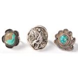 Three Navajo Native American silver rings to include a Spencer Percy eagle ring with foliate