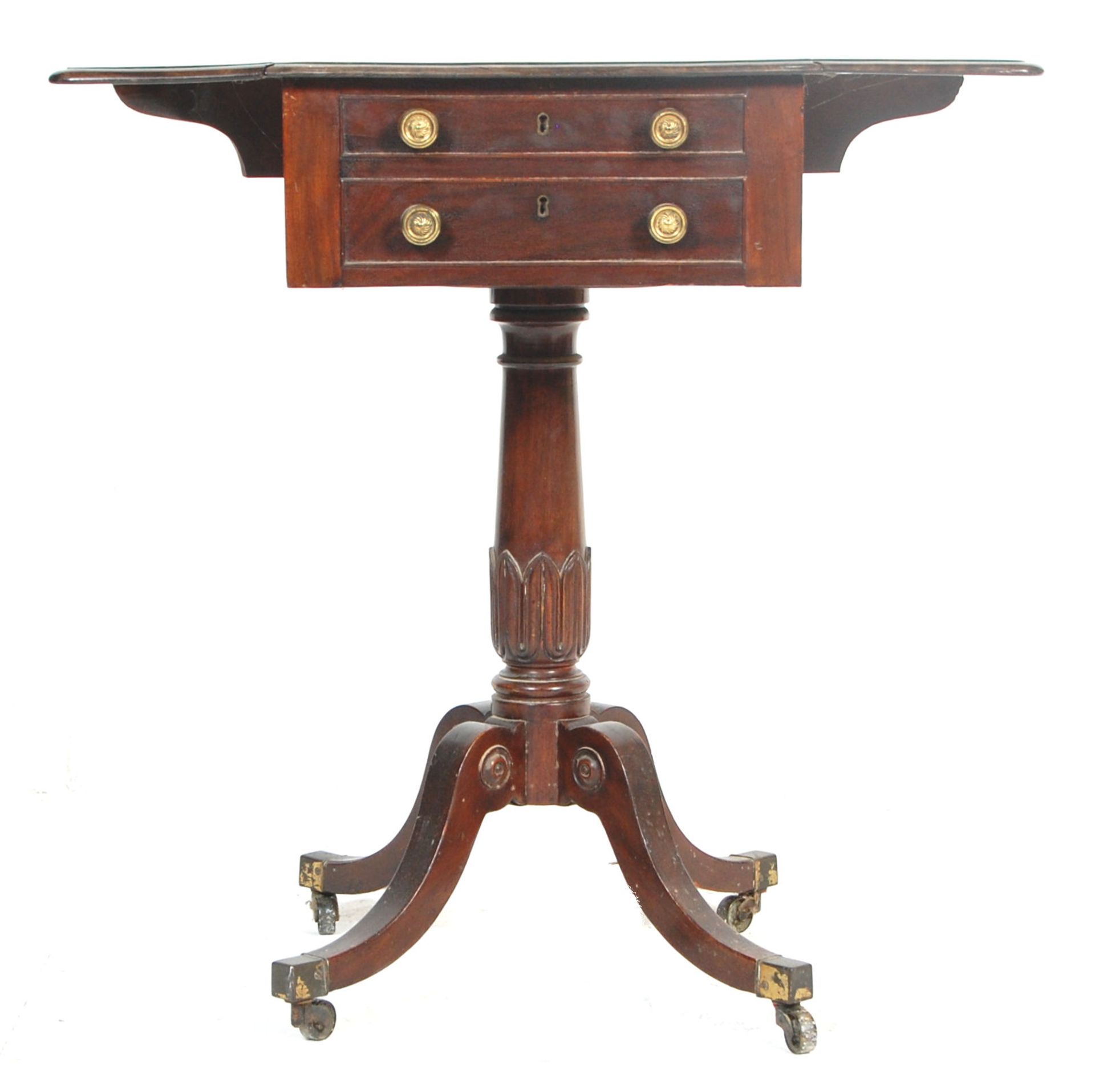 A 19th century George III mahogany drop leaf ladies tripod workbox table. The table raised on a - Bild 2 aus 12