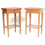 A pair of 19th century style Louis 16th French fruitwood bedside tables . Each with gallery backs