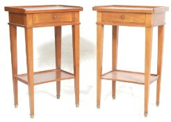 A pair of 19th century style Louis 16th French fruitwood bedside tables . Each with gallery backs