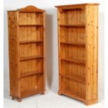 2 contemporary antique revival country pine upright tall open window bookcase cabinets. One raised