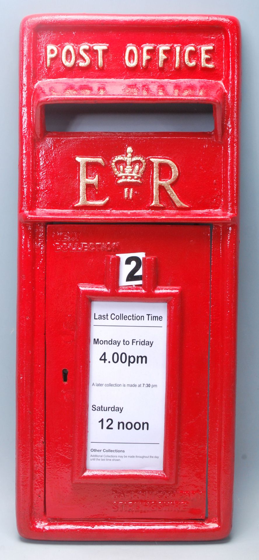 A vintage 20th Century replica Royal Mail post office / post box front panel in post box red