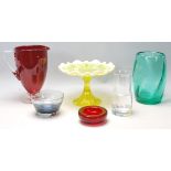 A good collection of 20th Century mixed glass to include Vaseline uranium glass tazza, Whitefriars