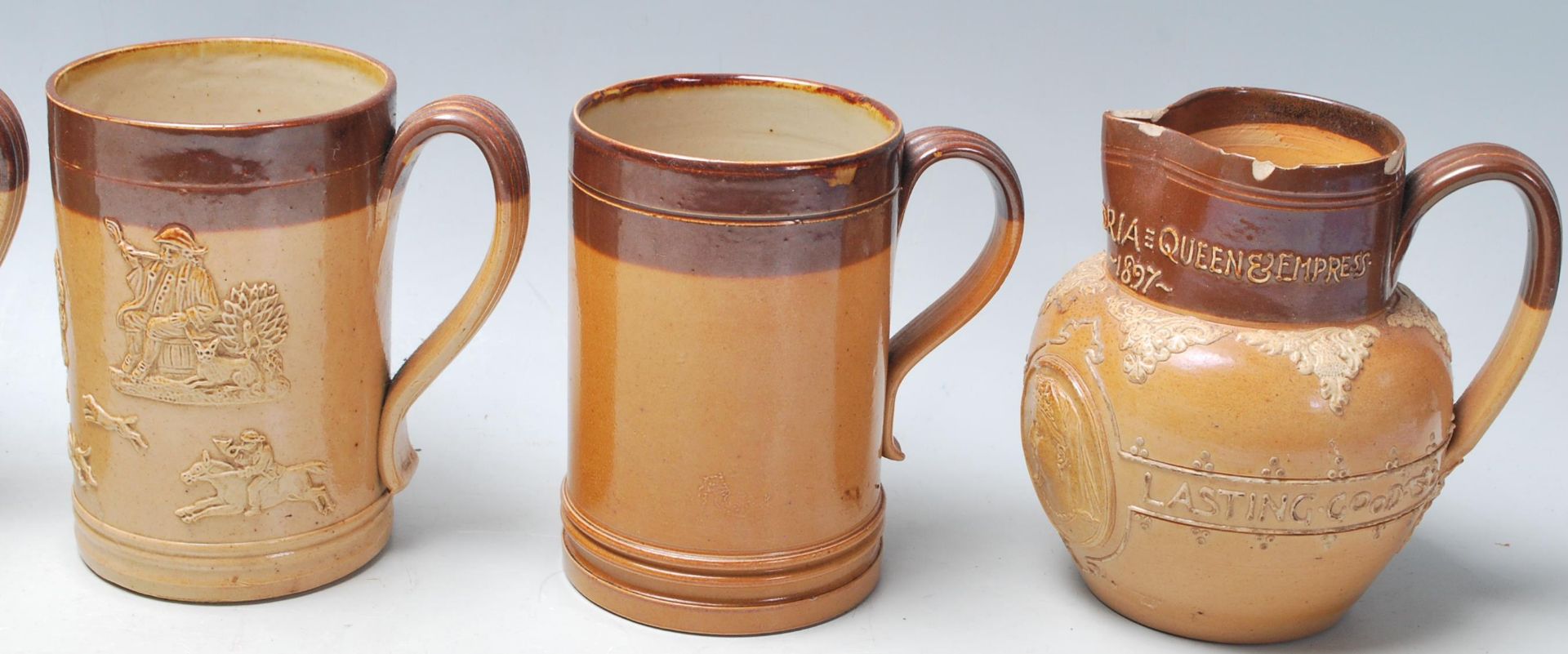 A collection of 19th Century Victorian ceramic Harvest ware jugs / drinking vessels / flagons, - Bild 6 aus 6