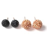 A pair of CZ and silver faceted ball earrings in rose gold and black colourways. 10mm diameter.