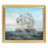 P Davis - Galleons in Battle. A oil on canvas painting depicting an American and a British galleon