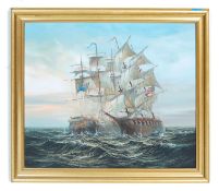 P Davis - Galleons in Battle. A oil on canvas painting depicting an American and a British galleon