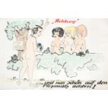A large watercolour painted German nude picture “ Achtung “ ( caution ) poster depiction a nude