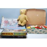 A collection of vintage toys to include a vintage teddy bear, a vintage Lego system set, loose lego,