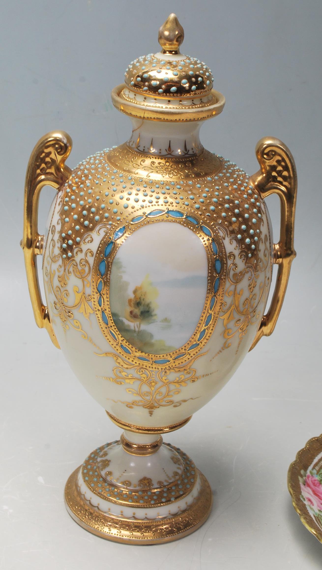 A 20th Century Noritake hand painted mantel lidded vase decorated with raised turquoise jewels, - Image 3 of 10