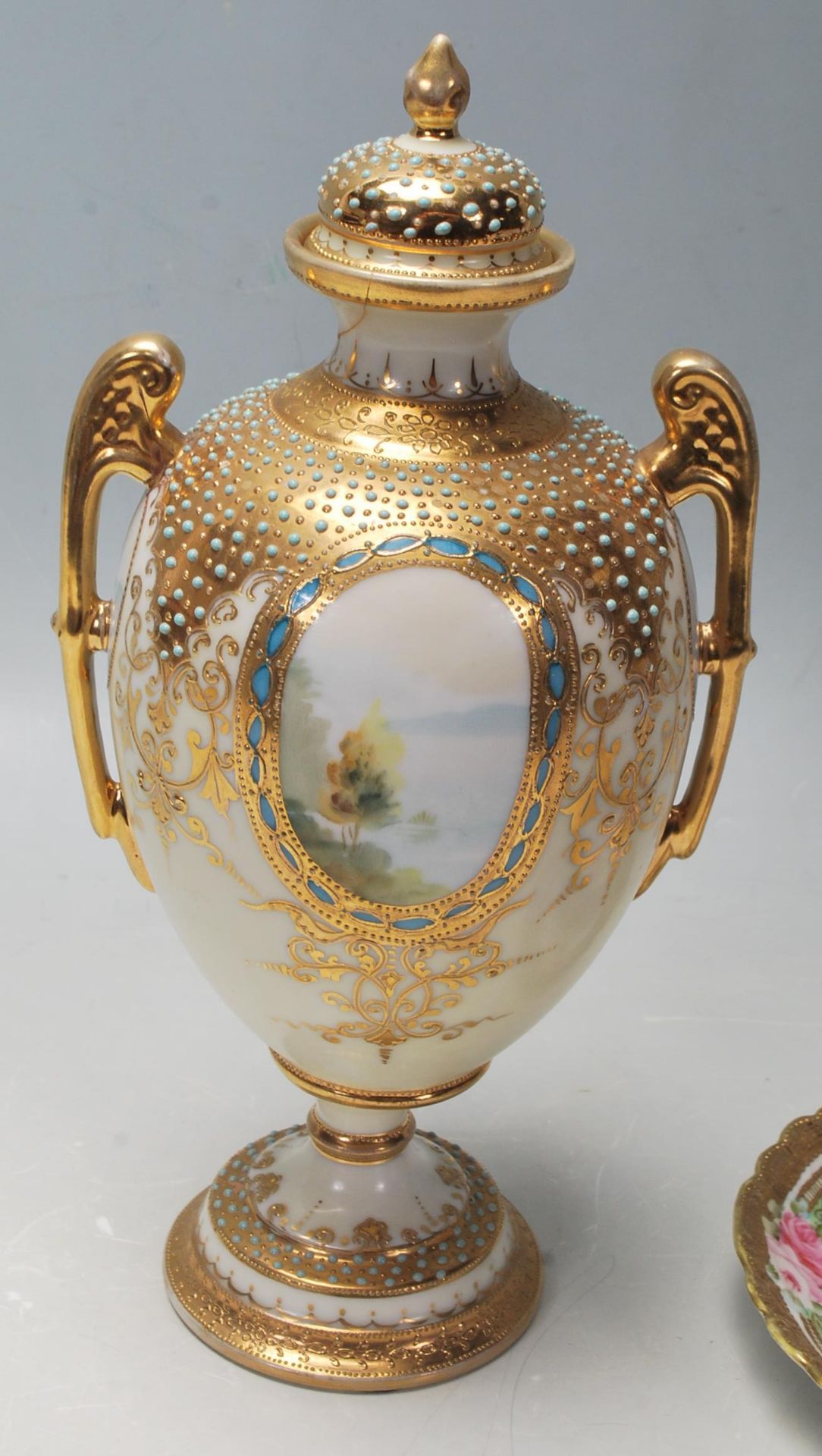 A 20th Century Noritake hand painted mantel lidded vase decorated with raised turquoise jewels, - Bild 3 aus 10