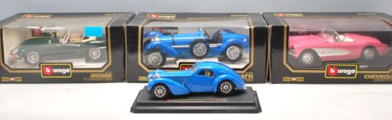 A collection of 4 BBurago diecast classic toy cars to include a Chevrolet Corvette 1957, Bugatti