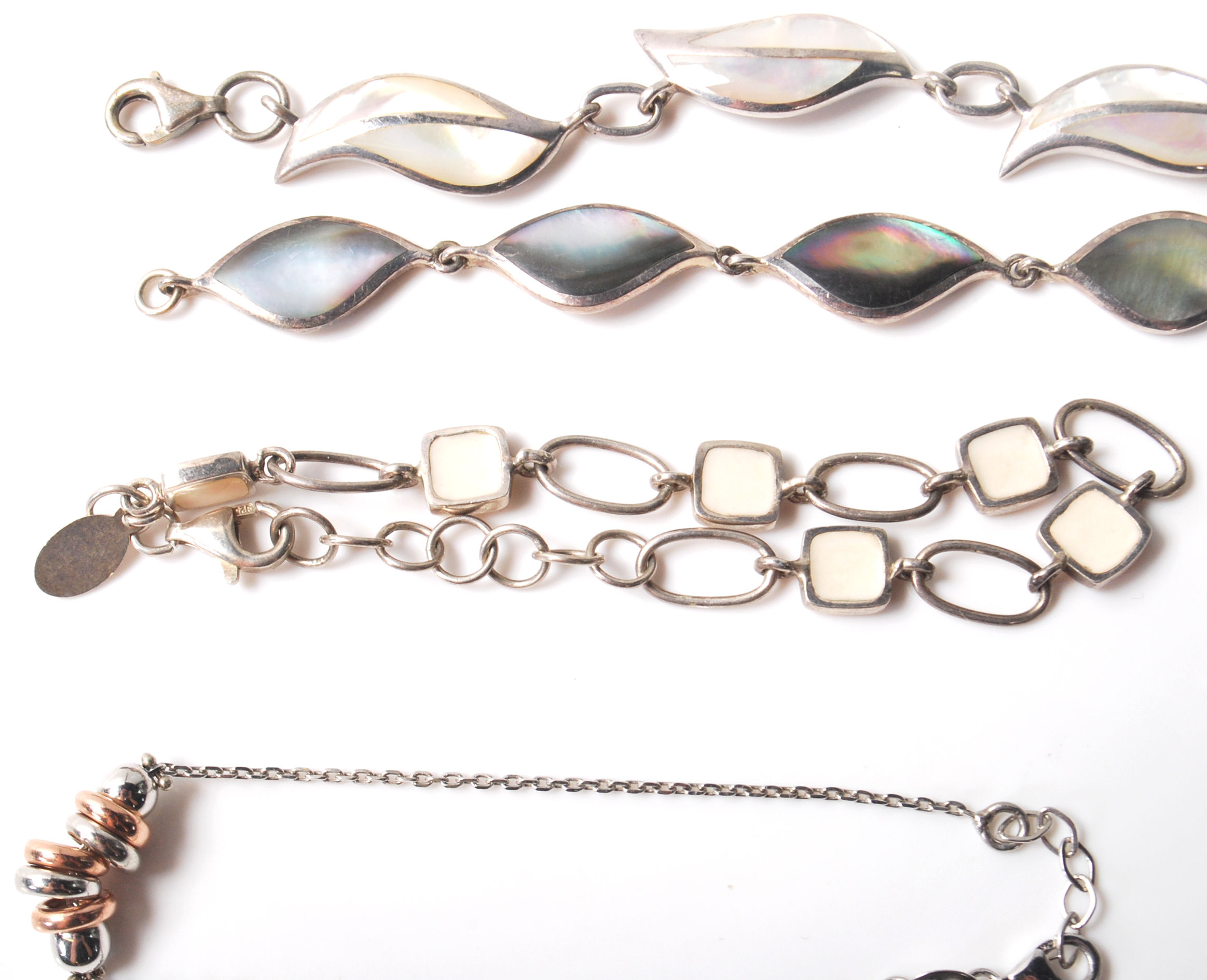 A group of stamped 925 silver bracelets to include two panel bracelets set with mother of pearl - Image 3 of 8