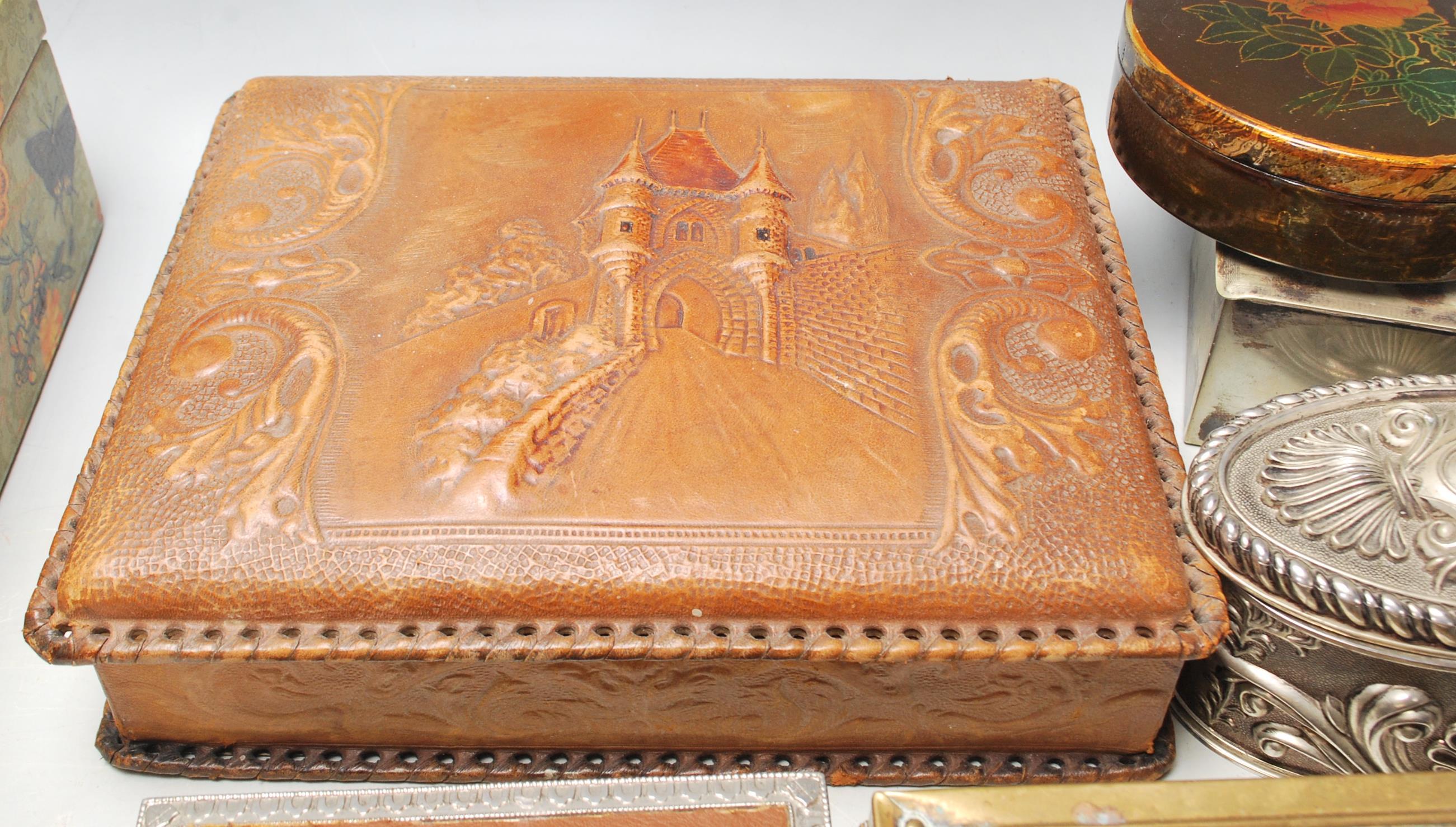 A large collection of vintage jewellery boxes to include wooden examples, white metal with relief - Image 5 of 8