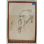 A vintage mid 20th Century pencil drawing sketch depicting a man seated at a bar smoking a cigarette