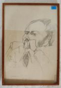 A vintage mid 20th Century pencil drawing sketch depicting a man seated at a bar smoking a cigarette