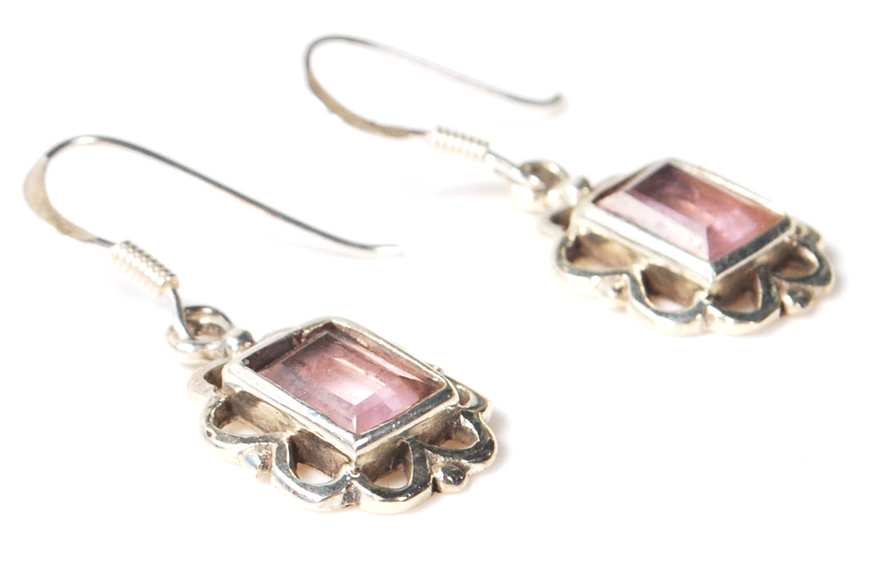 A pair of sterling silver and amethyst art deco style earrings having floral edges and a rectangular - Image 2 of 4