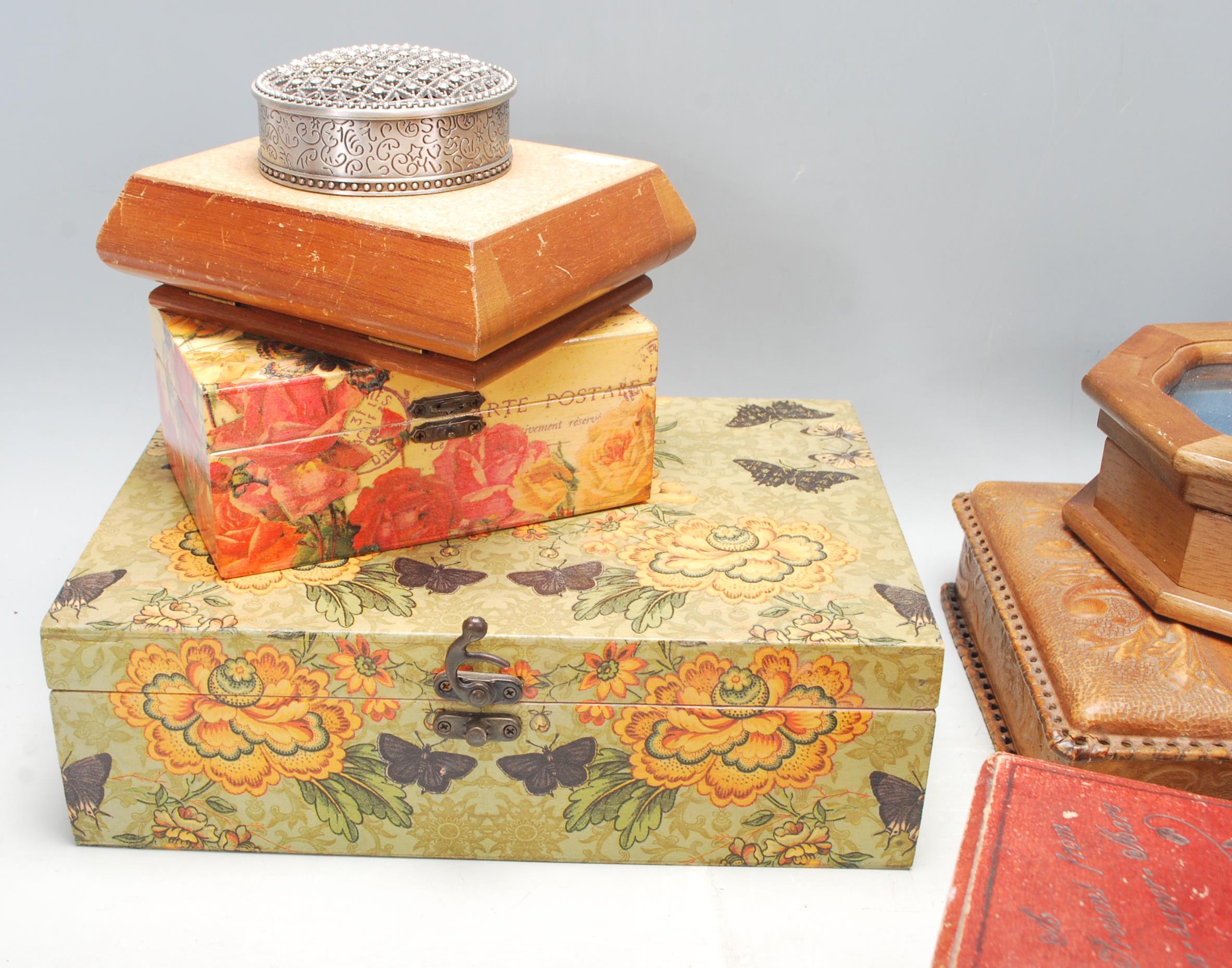 A large collection of vintage jewellery boxes to include wooden examples, white metal with relief - Image 2 of 8
