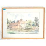 A mid 20th century watercolour painting depicting a cottage next to a lake with trees and boat.