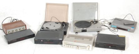 A collection of vintage video and audio  equipment to include Pioneer DV-626D DVD player, Denon TU-