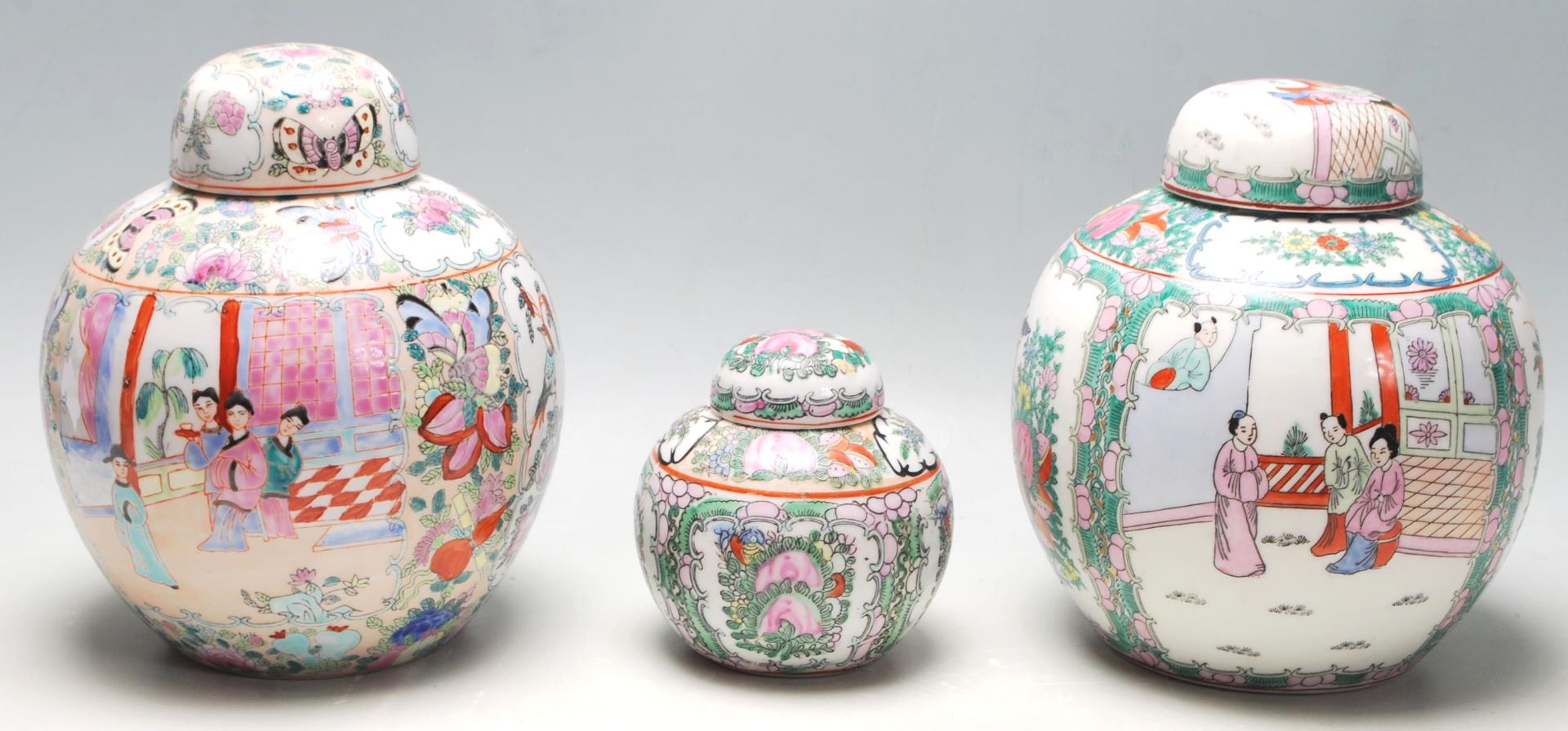 A group of three 20th Century canton ceramic famille rose ginger jars each having narrative panels - Bild 3 aus 6