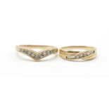 To vintage 9ct gold rings to include one crossover ring channel set with blue and white stones (