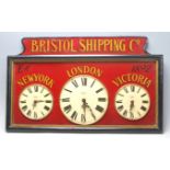 A 20th century wooden painted Victorian style ' Bristol Shipping ' triple clock bearing notation for