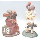 A pair of vintage mid 20th century cast iron polychrome doorstops, one in the form of golf bag