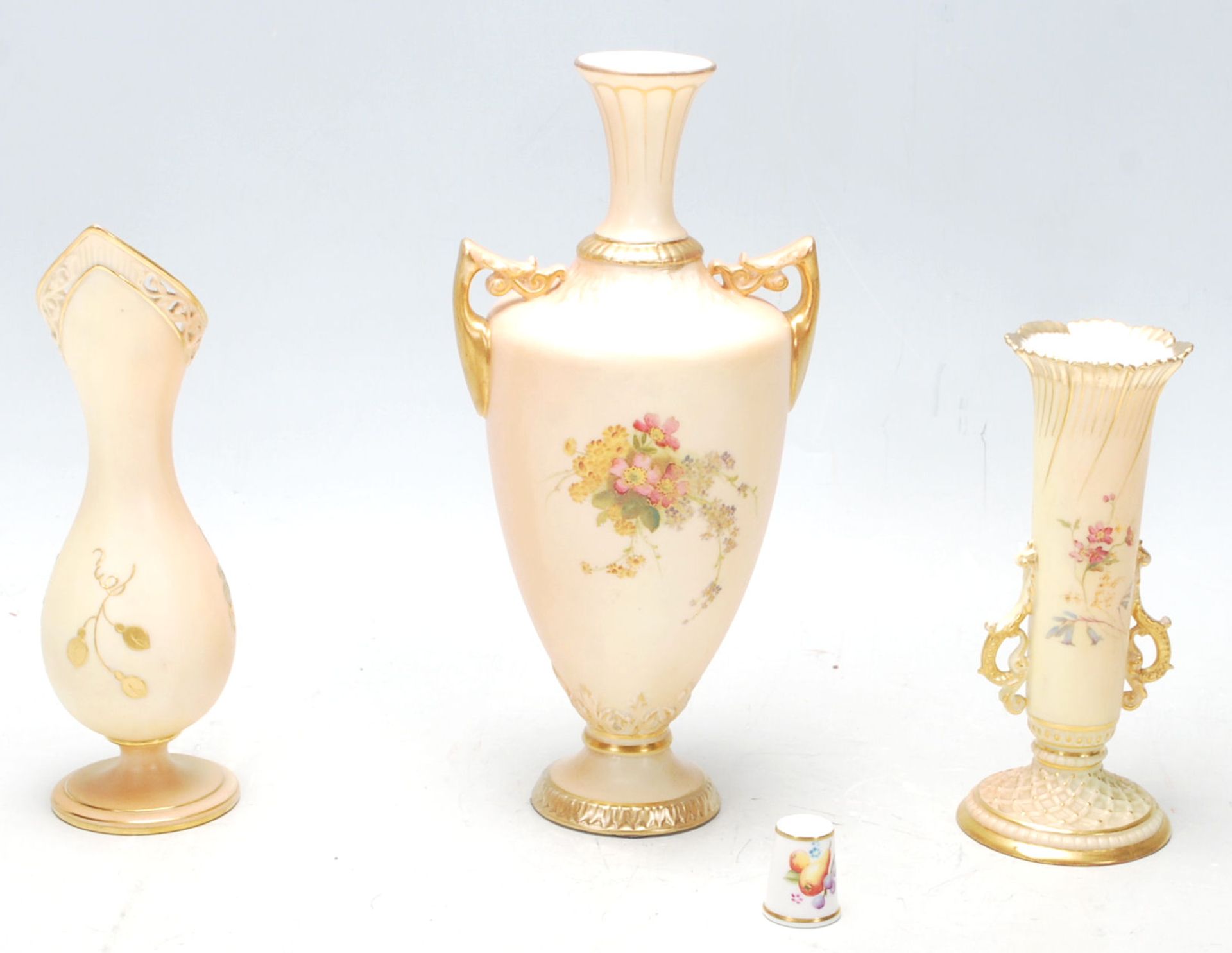 Group of Three Royal Worcester blush ivory vases, hand painted with flowers and gilded decoration, - Image 2 of 9