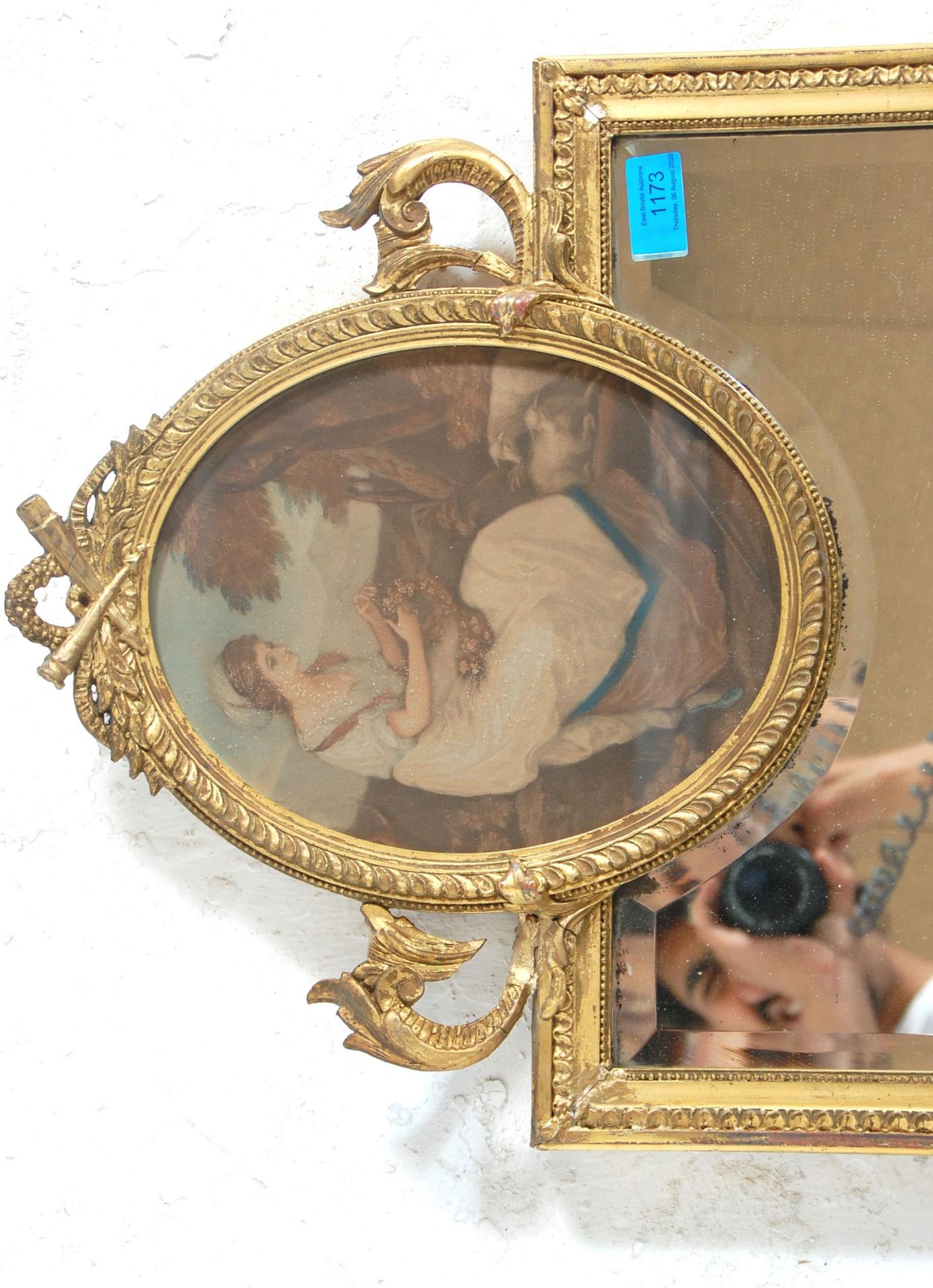 A 19th Century Victorian antique giltwood and gesso mirror with an oval print of a Shepherdess to - Bild 2 aus 5