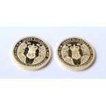 A pair of 1/4 ounce 24ct gold coins by the Perth Mint commemorating the 65th Queens Jubilee. Each